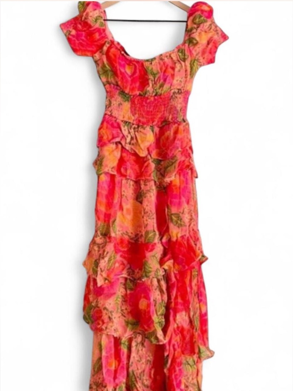 FARM Rio Blooming Floral Maxi Dress, Vibrant Coral, Front Slit, Smocked Bodice M - Picture 5 of 8